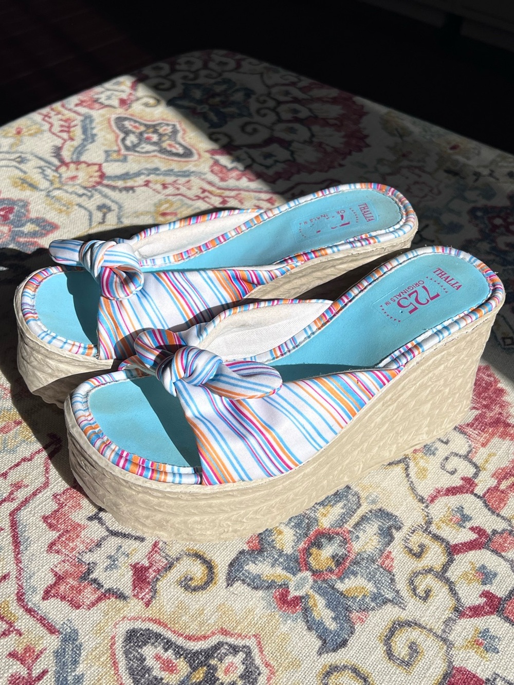 Vintage Y2K Striped Satin Platform Espadrille Wedge Flip Flop Sandals Sz 7 / 38